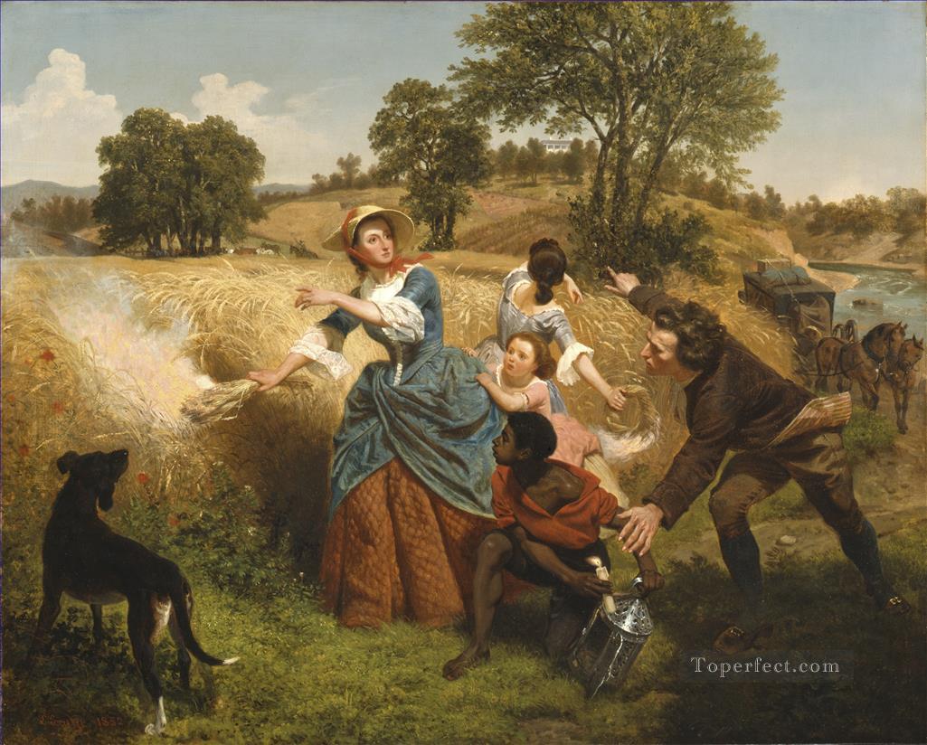 イギリス人エマニュエル・ロイツェの接近で小麦畑を燃やすスカイラー夫人油絵